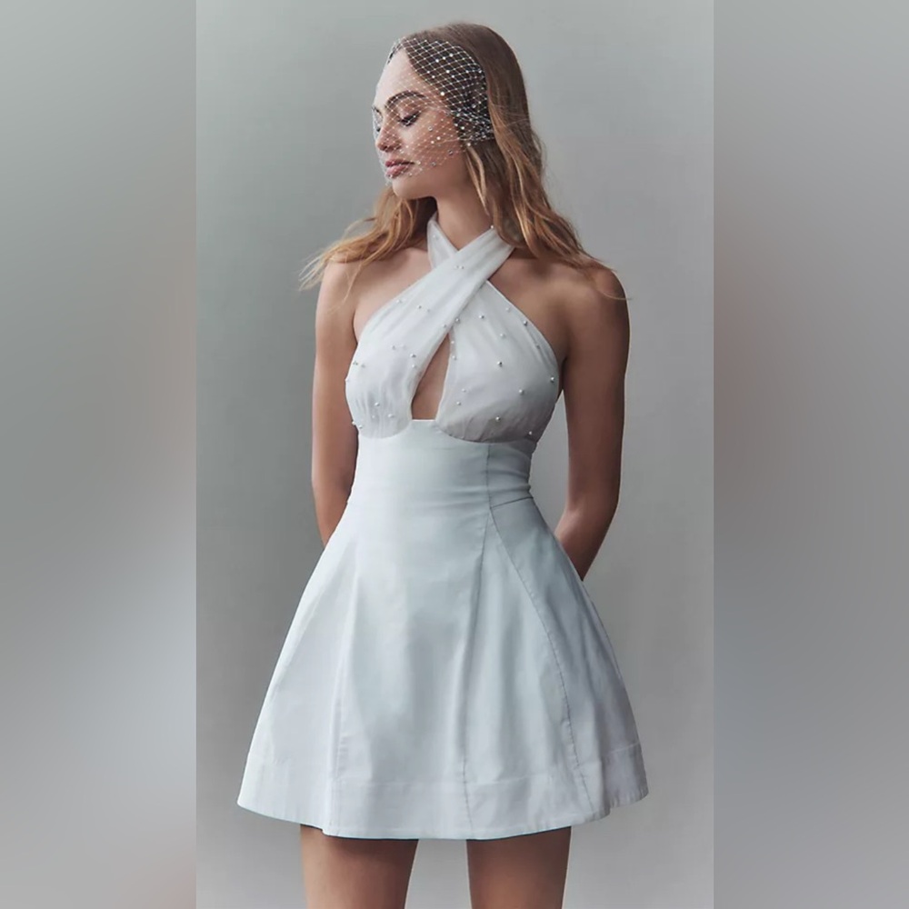 BHLDN White Crisscross Mini Dress with Pearl Details